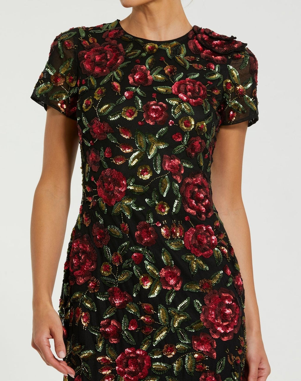 Black High Neck Floral Embellished Midi Dress