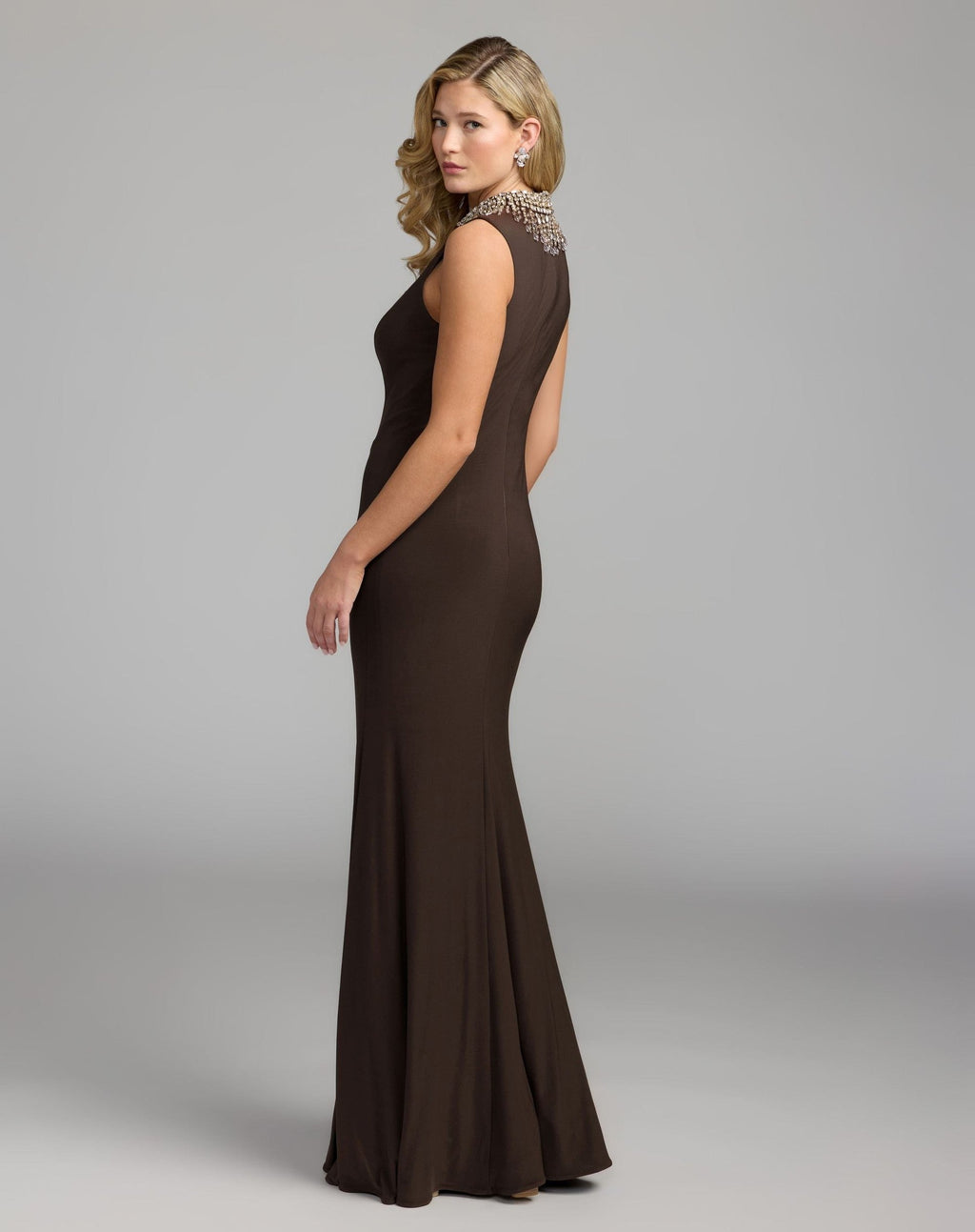 Chocolate Embellished High Neck Jersey Gown