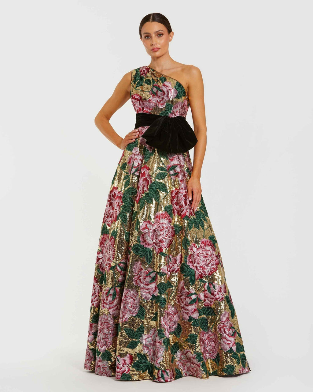 Gold Multi One Shoulder Sequin Ball Gown With Velvet Bow