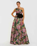 Gold Multi One Shoulder Sequin Ball Gown With Velvet Bow