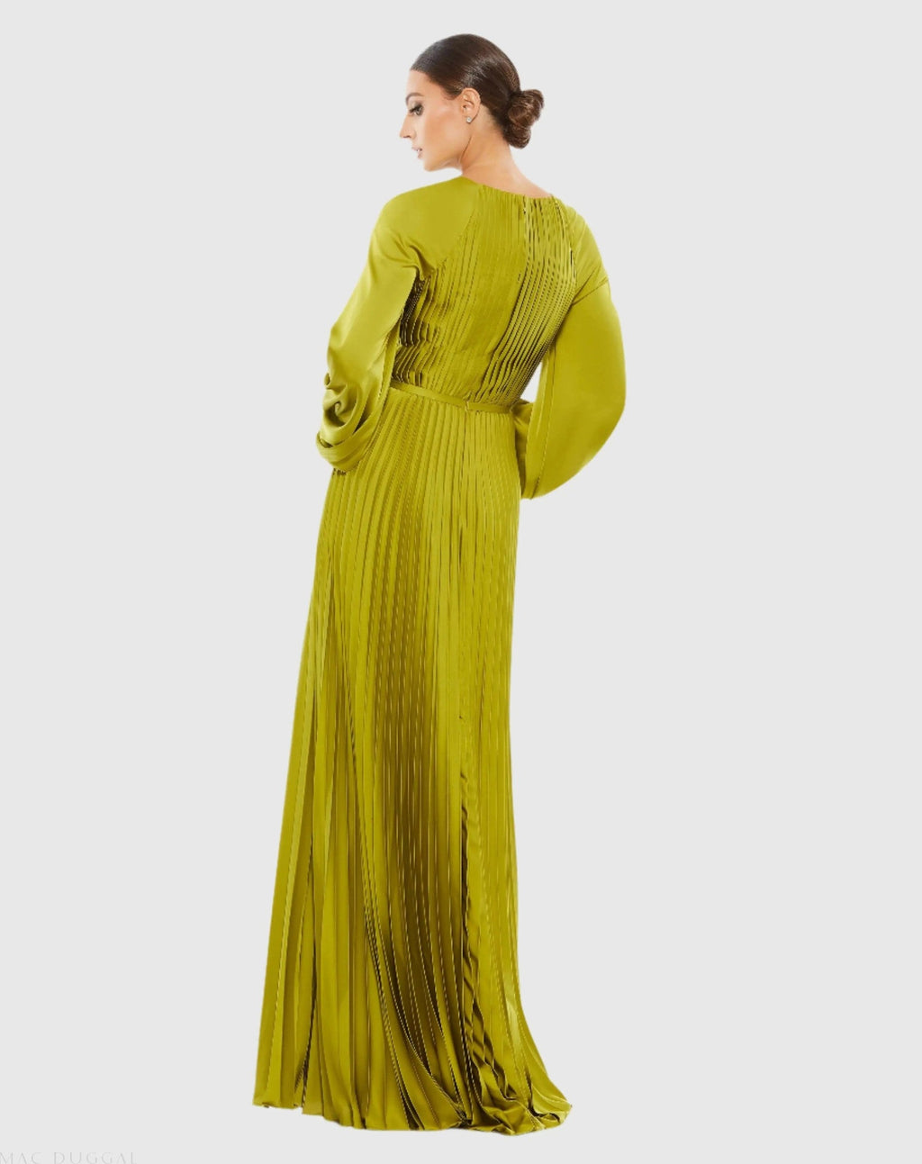 Apple Green Pleated High Neck Long Sleeve Gown With Slit