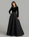 Black Multi Embellished Long Sleeve Brocade Ball Gown