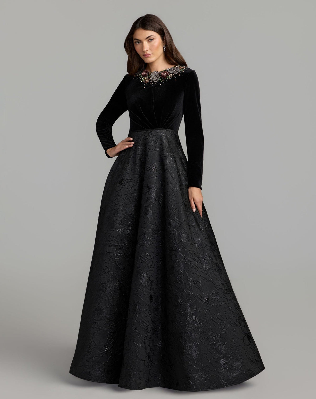 Black Multi Embellished Long Sleeve Brocade Ball Gown