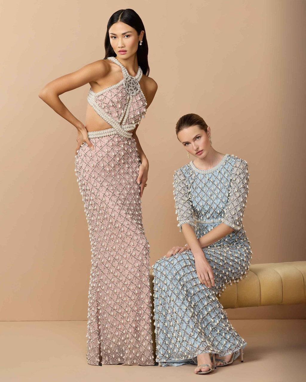 Light Rose Pearl Embellished Open Back Gown