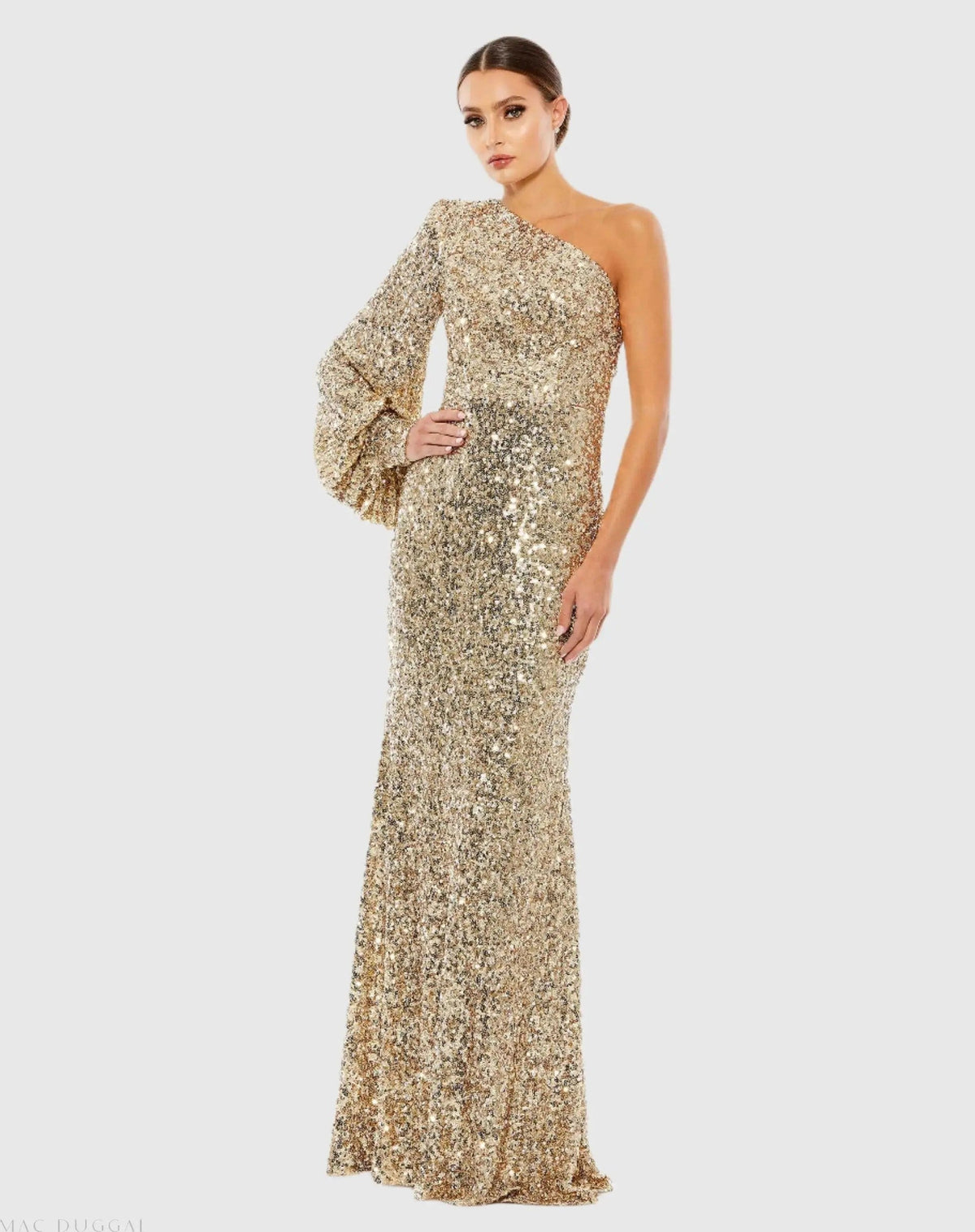 Sequined One Shoulder Bishop Sleeve Trumpet Gown