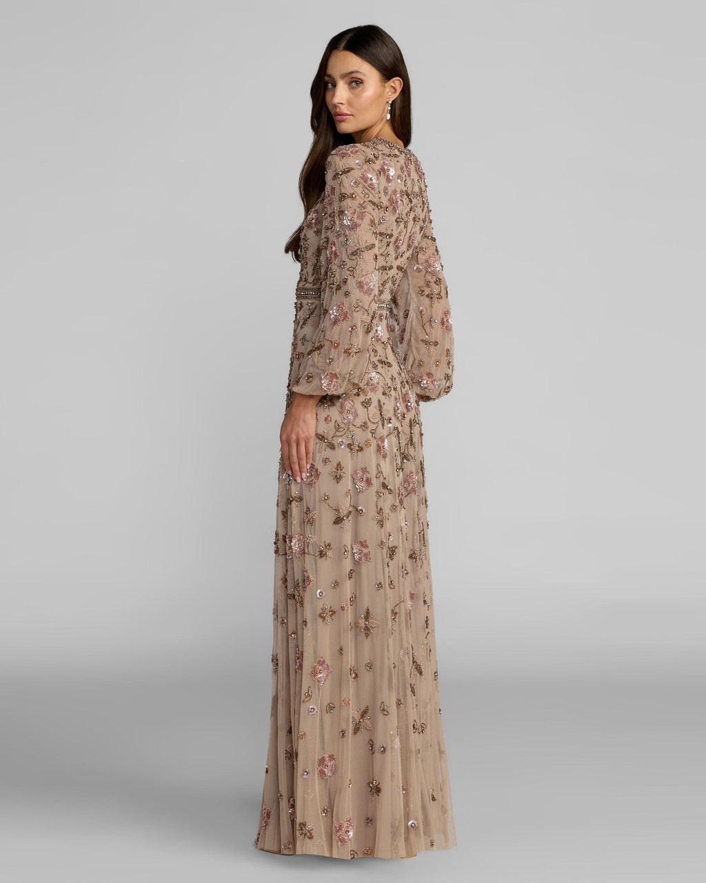 Taupe Crystal Beaded Floral Bishop Sleeve Gown