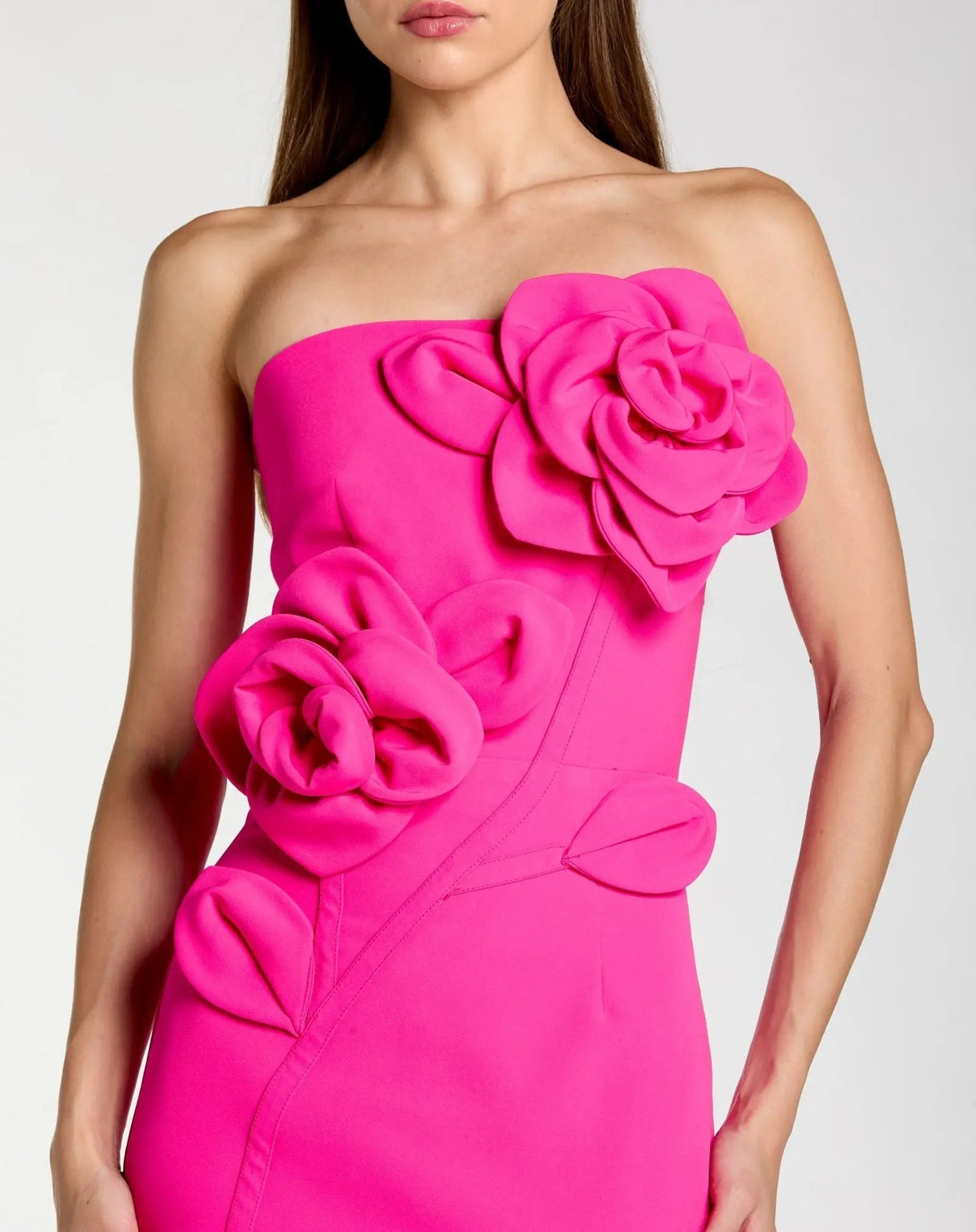 Hot Pink Strapless Crepe Dress With 3D Flower Detail