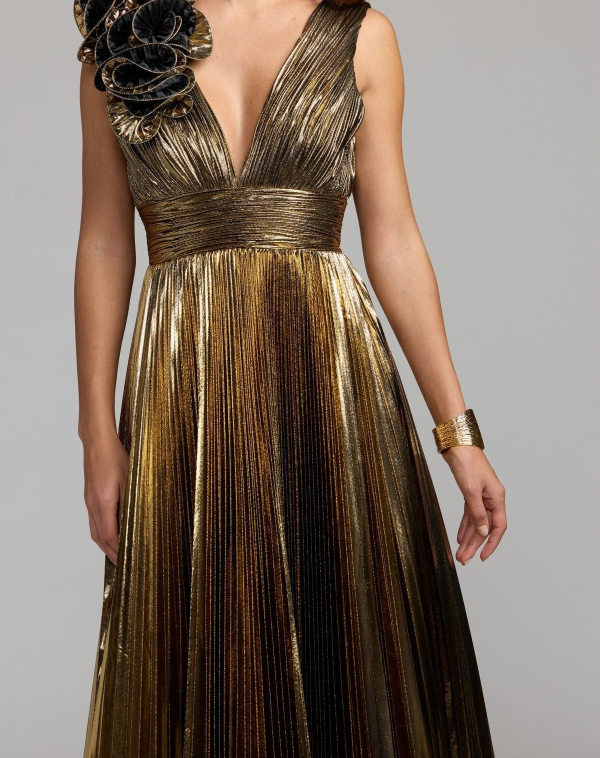 Gold Sleeveless Metallic V-Neck Gown With Ruffle Detail