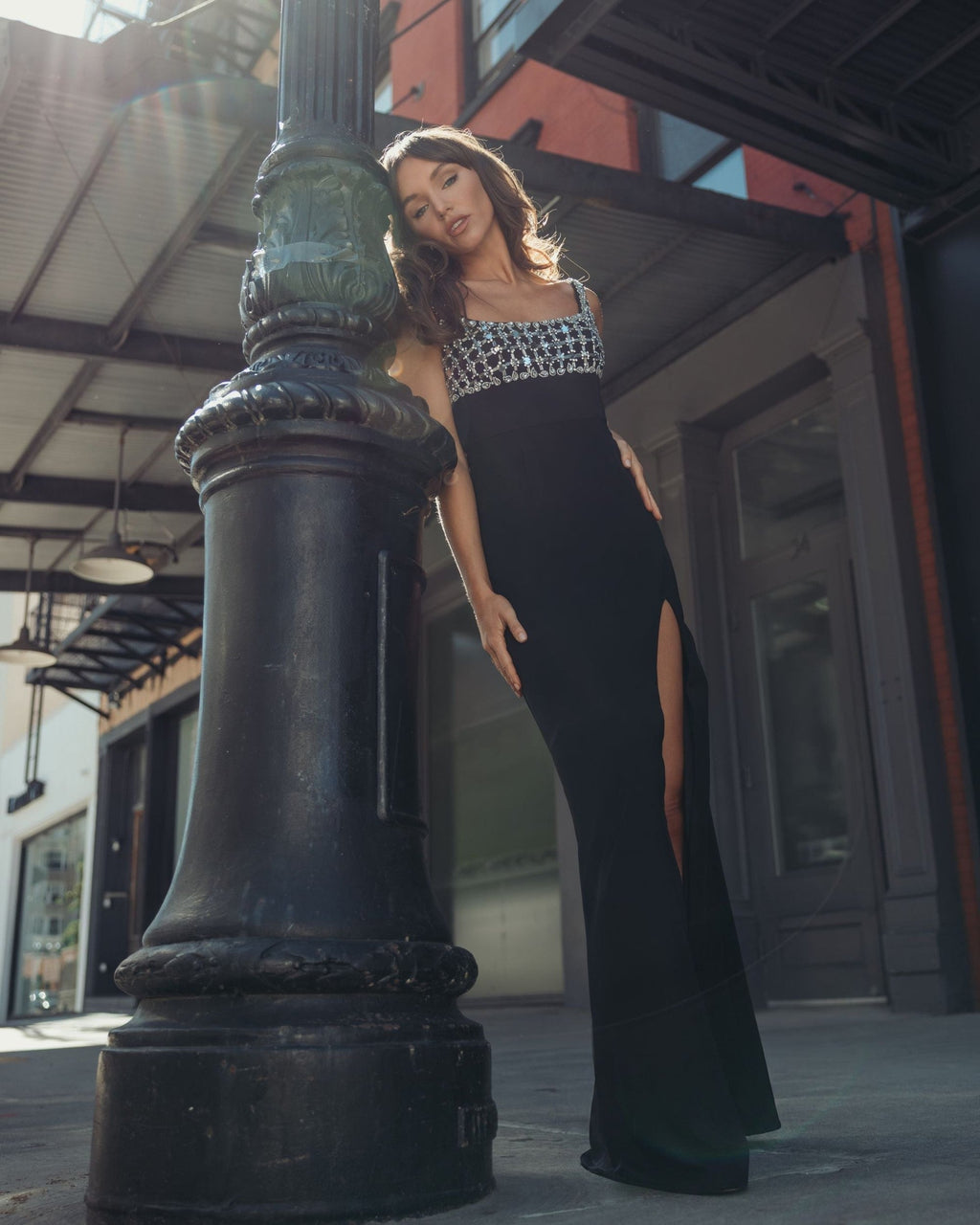 Black Sleeveless Crepe Gown With Embellished Bodice
