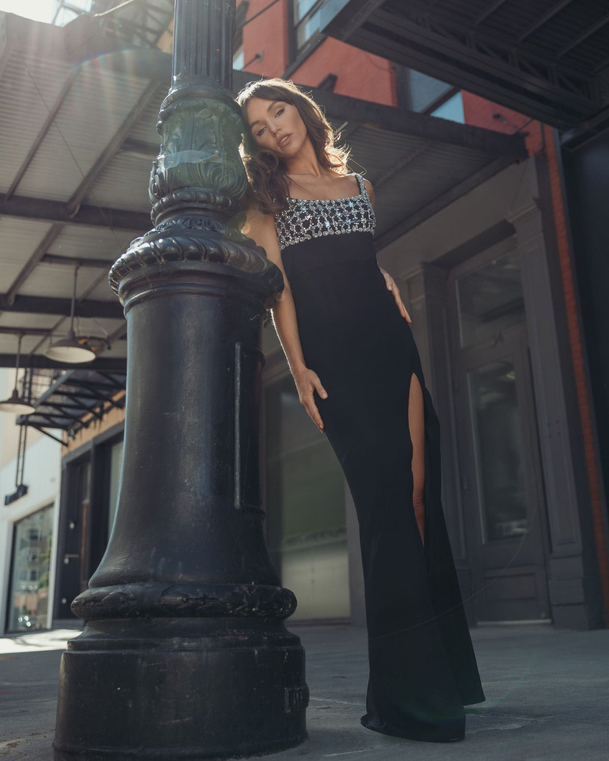 Black Sleeveless Crepe Gown With Embellished Bodice