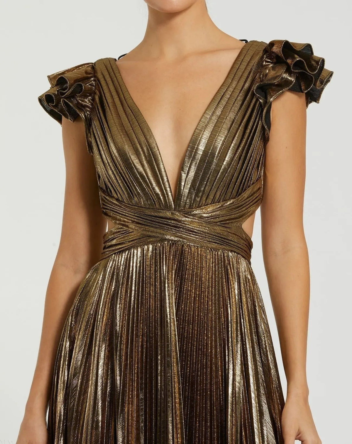 Gold Ruffle Sleeve Cutout Pleated Metallic Gown