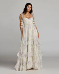 White Floral Chiffon Ruffle Gown With 3D Flower Straps
