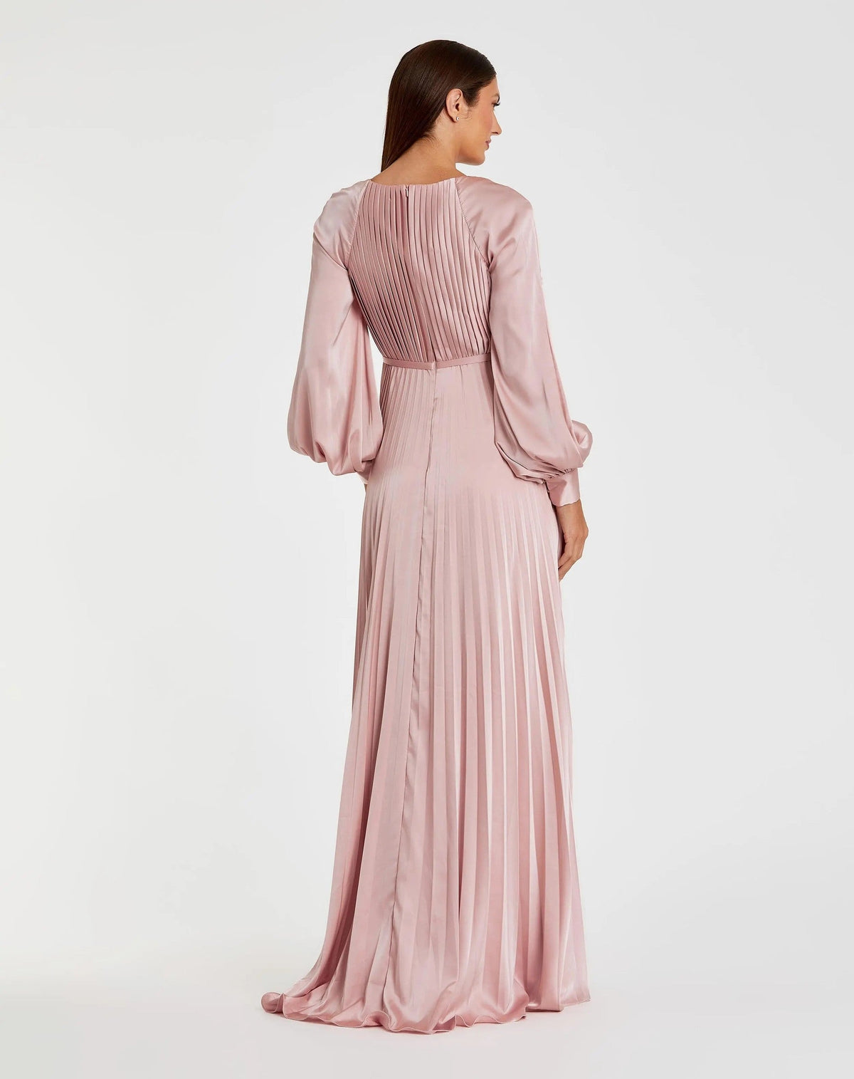 Blush Pleated High Neck Long Sleeve Gown With Slit