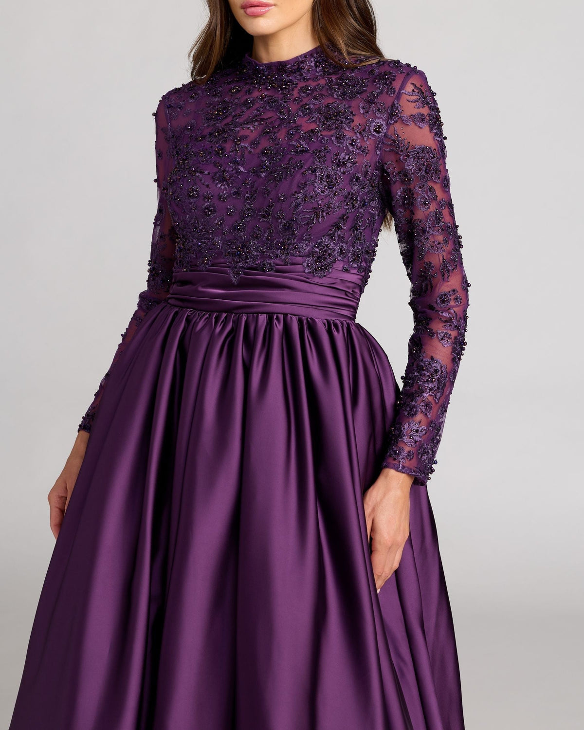 Aubergine Embroidered Long Sleeve Satin Ball Gown