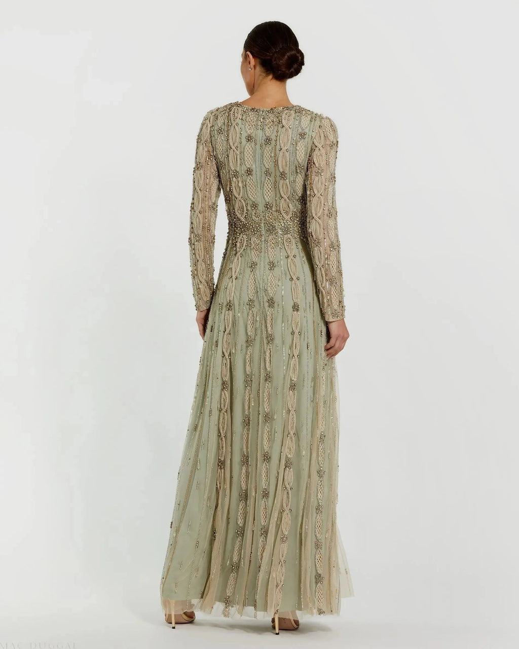 Nude Sage Embellished Long Sleeve A-Line Gown