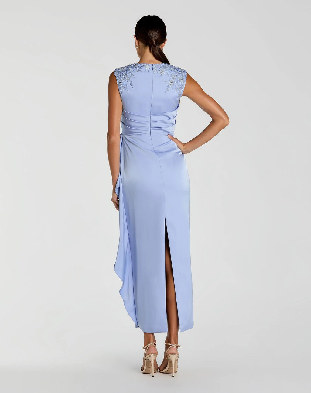 Powder Blue Beaded Satin Midi Dress with Bow