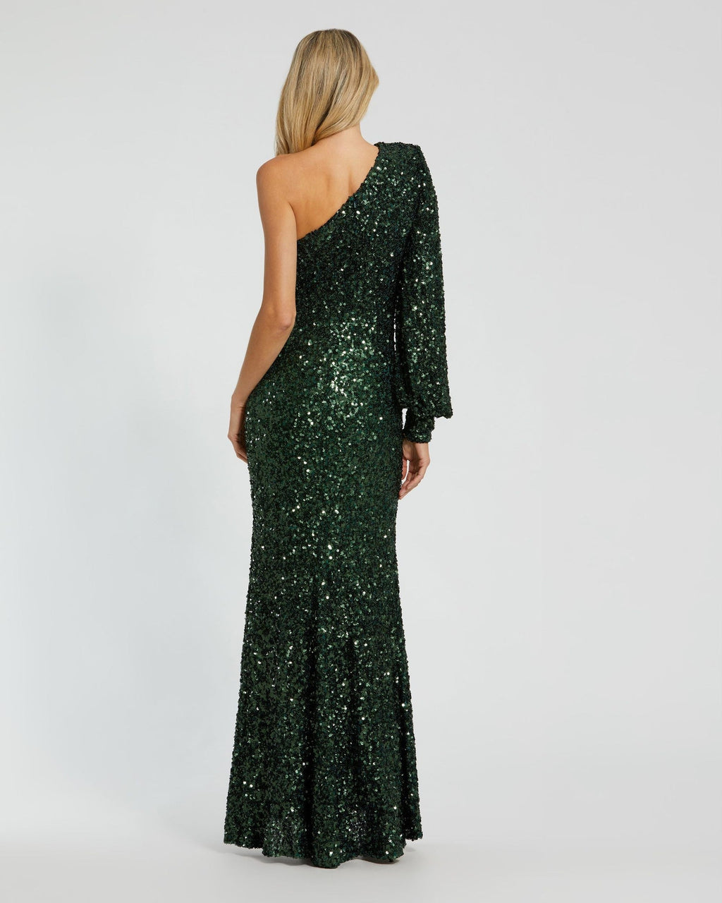 Emerald Green Sequined One Shoulder Bishop Sleeve Trumpet Gown