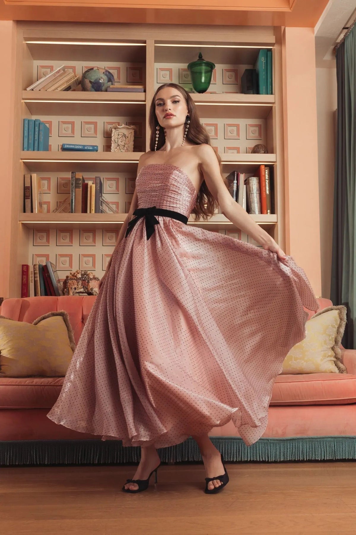 Pink Strapless Polka Dot Midi Dress With Velvet Bow
