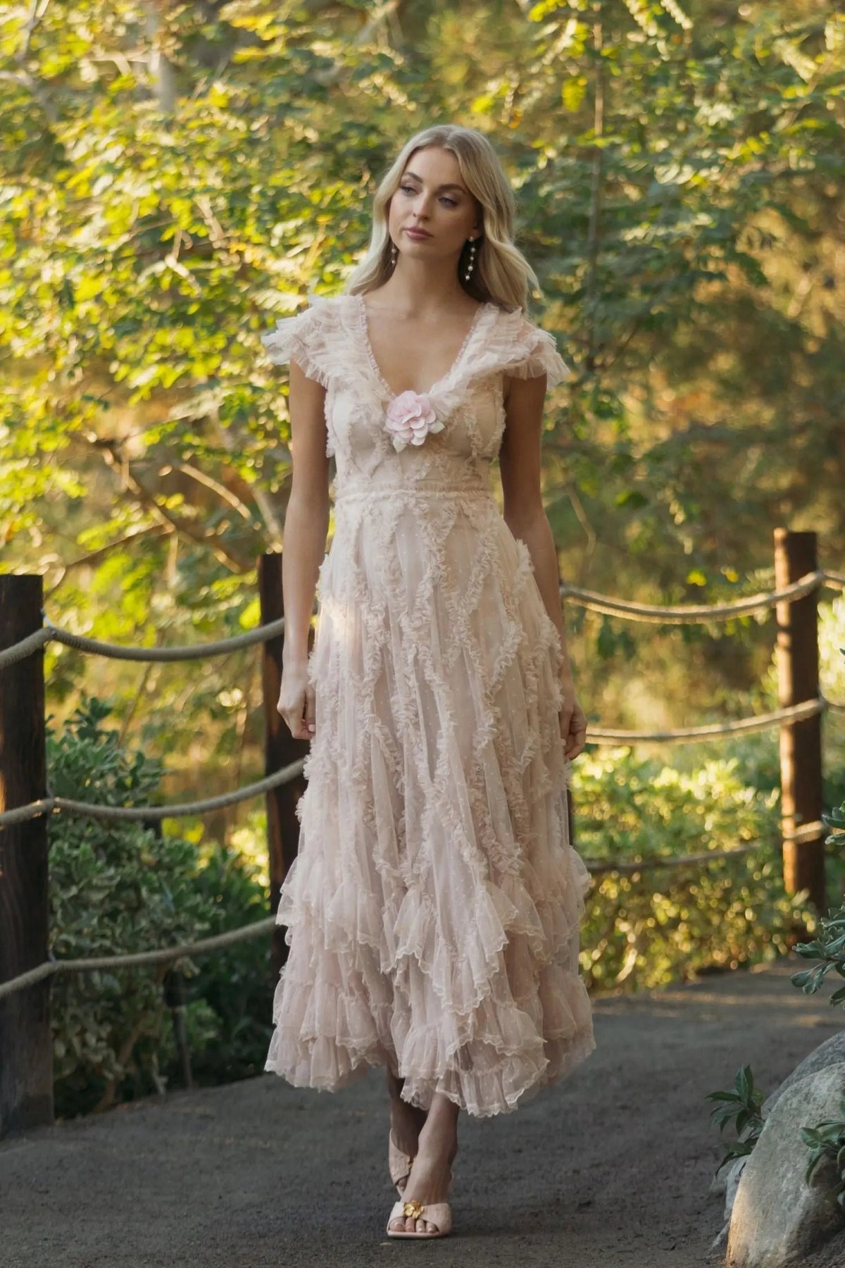 Pink Micro Ruffle Cap Sleeve A-Line Midi Dress