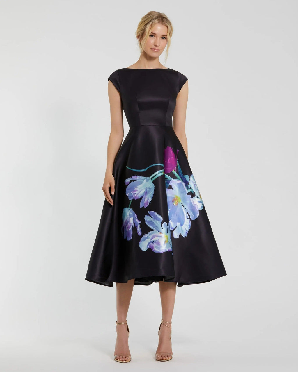 Petite Black Multi Satin Cap Sleeve Midi Dress With Floral Print
