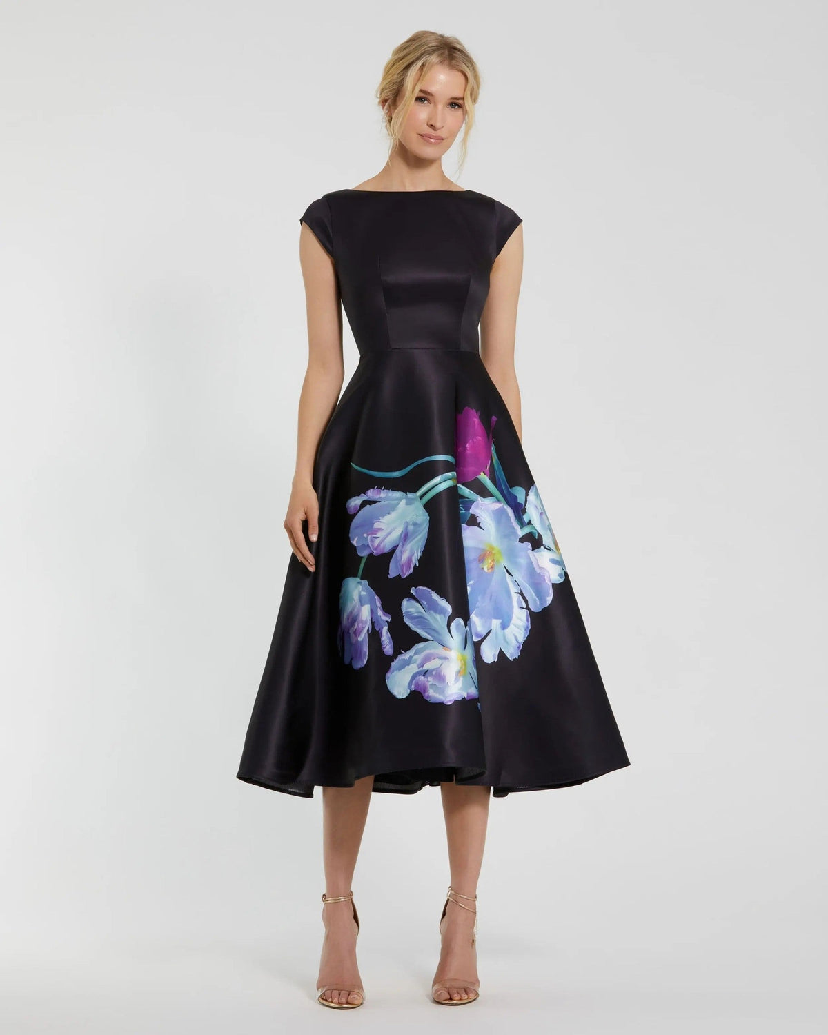 Petite Black Multi Satin Cap Sleeve Midi Dress With Floral Print