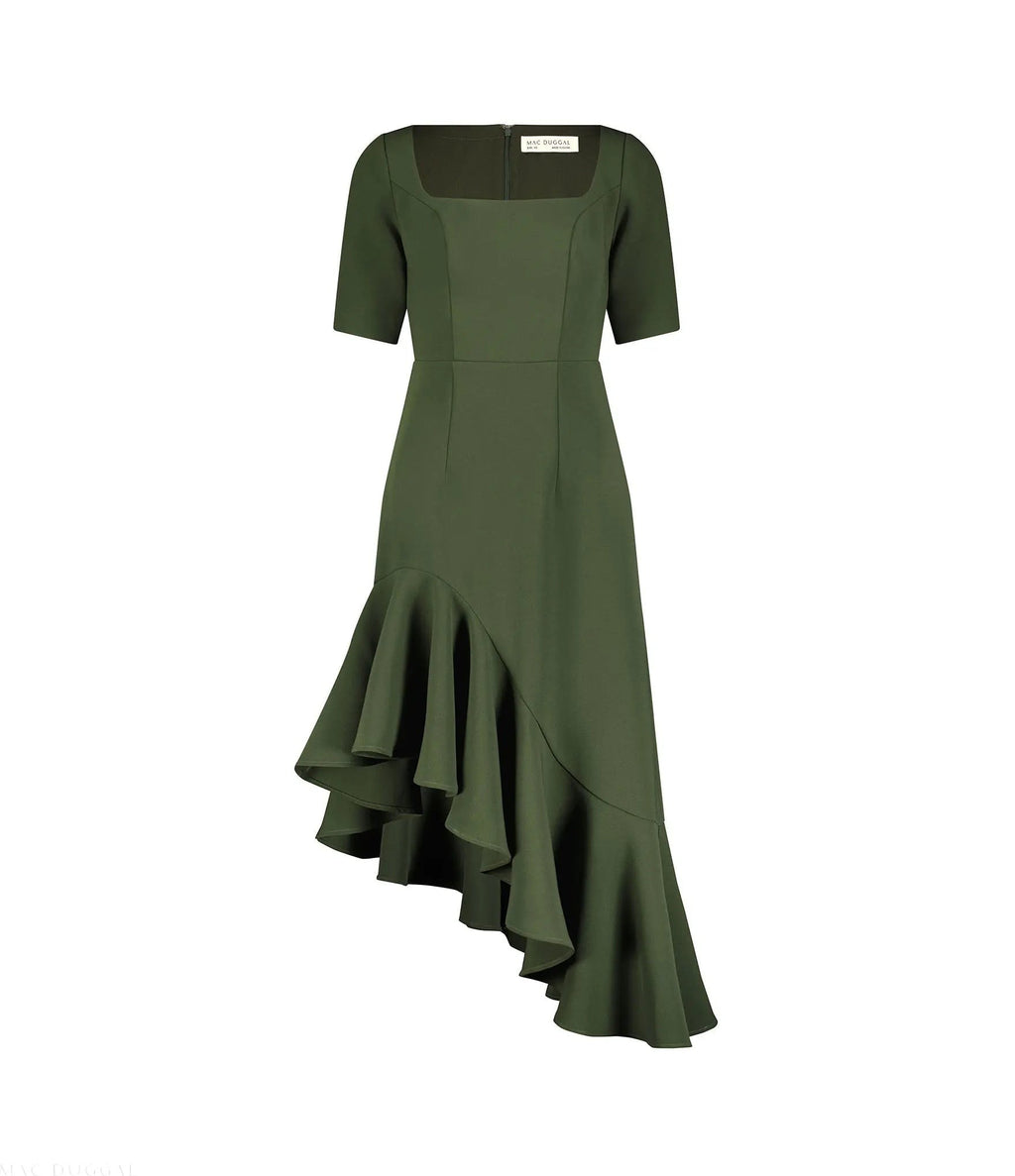 Dark Green Crepe 3/4 Sleeve Asymmetrical Hem Dress - FINAL SALE