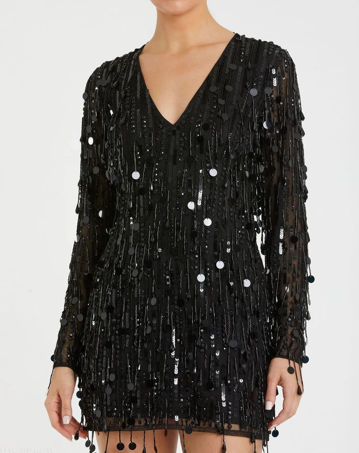 Black Long Sleeve Beaded Fringe V-Neck Mini Dress