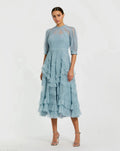 Blue High Neck Ruffle Tiered A-Line Midi Dress