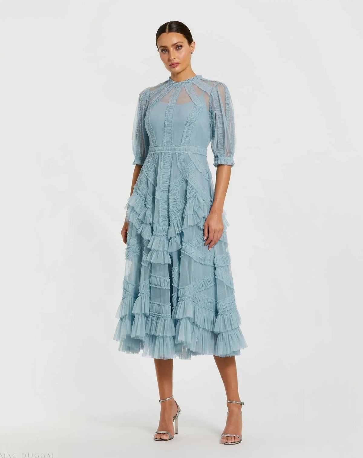 Blue High Neck Ruffle Tiered A-Line Midi Dress