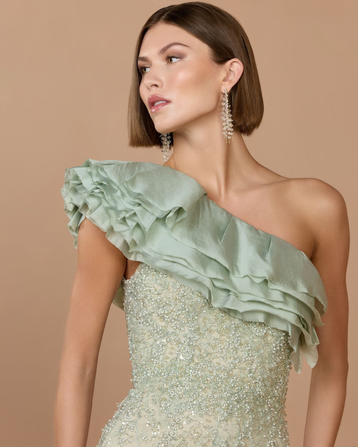 Sage Embellished Lace One Shoulder Trumpet Gown