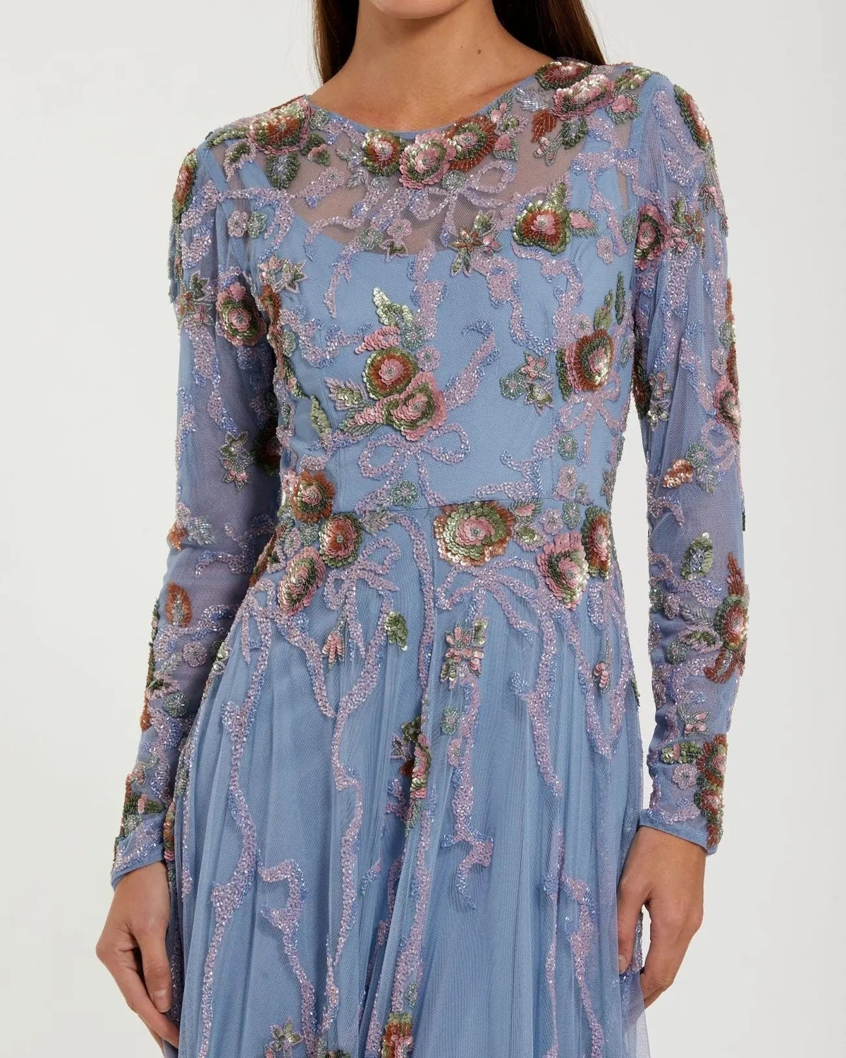 Blue Floral Bow Beaded Long Sleeve Gown