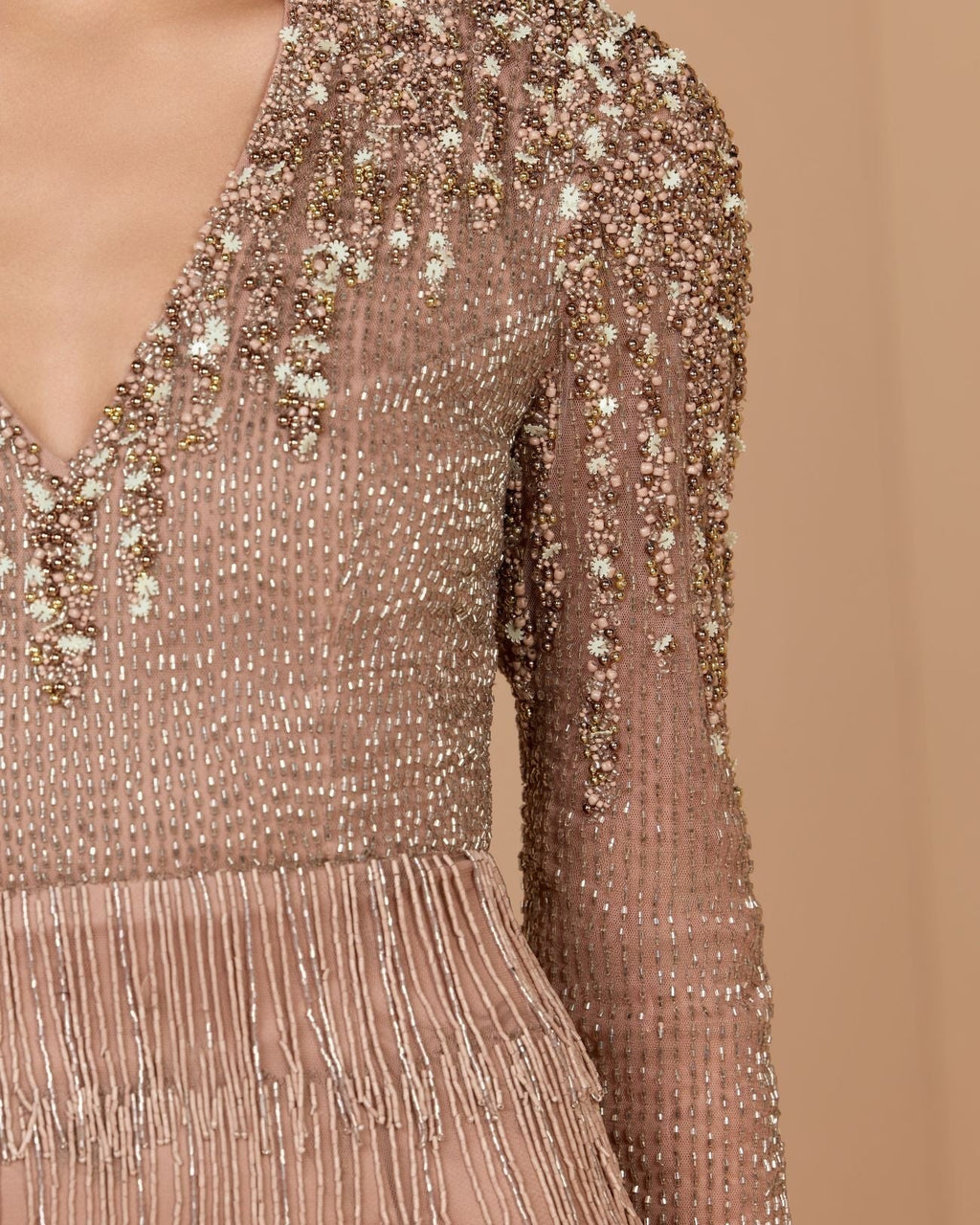 Petite Mocha Hand Beaded Long Sleeve Fringe Column Gown
