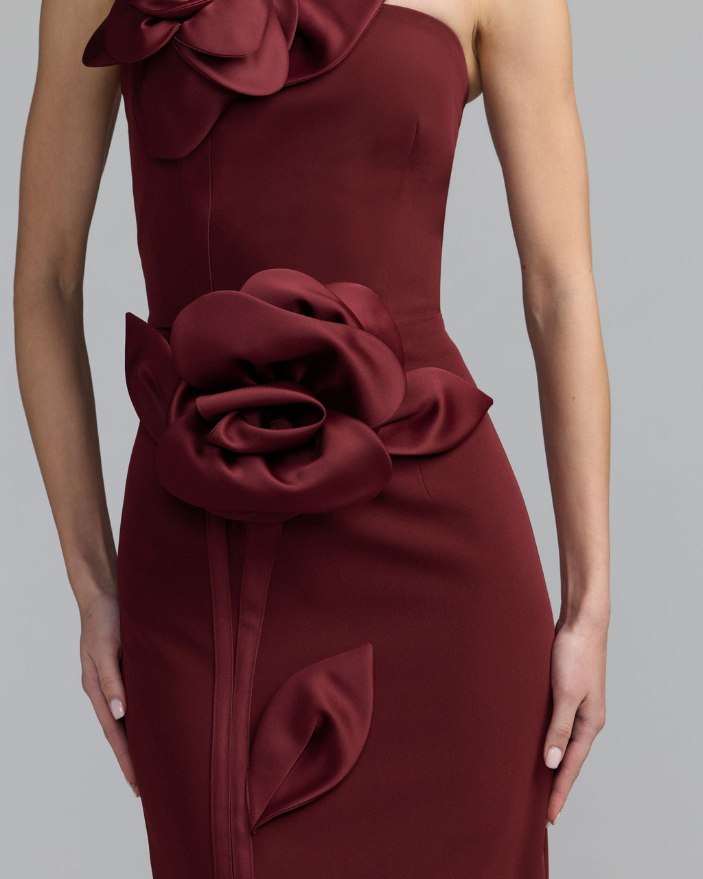 Wine Strapless Crepe Dress With 3D Satin Flowers