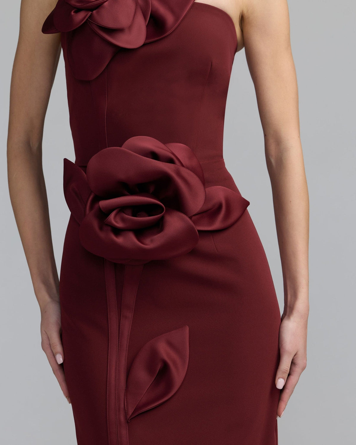 Wine Strapless Crepe Dress With 3D Satin Flowers
