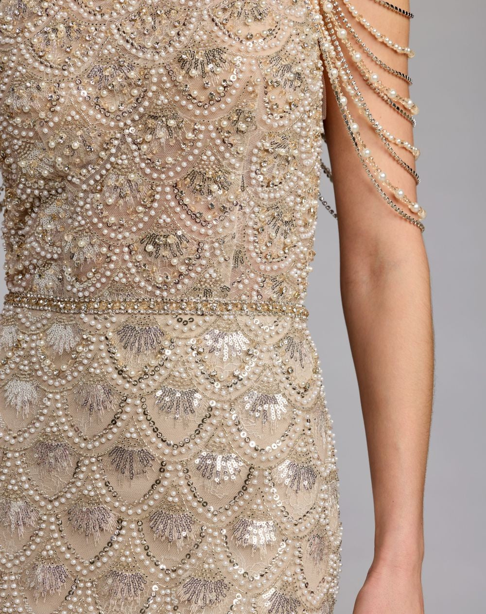 Cream Nude Draped Pearl Embellished Column Gown