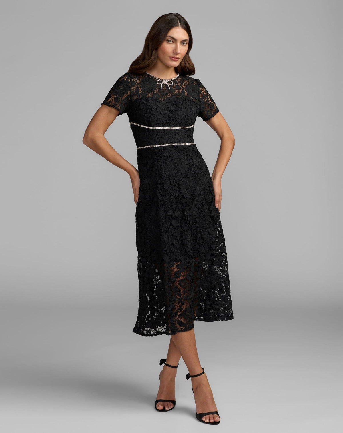 Black Short Sleeve Lace Midi Dress With Rhinestone Trim