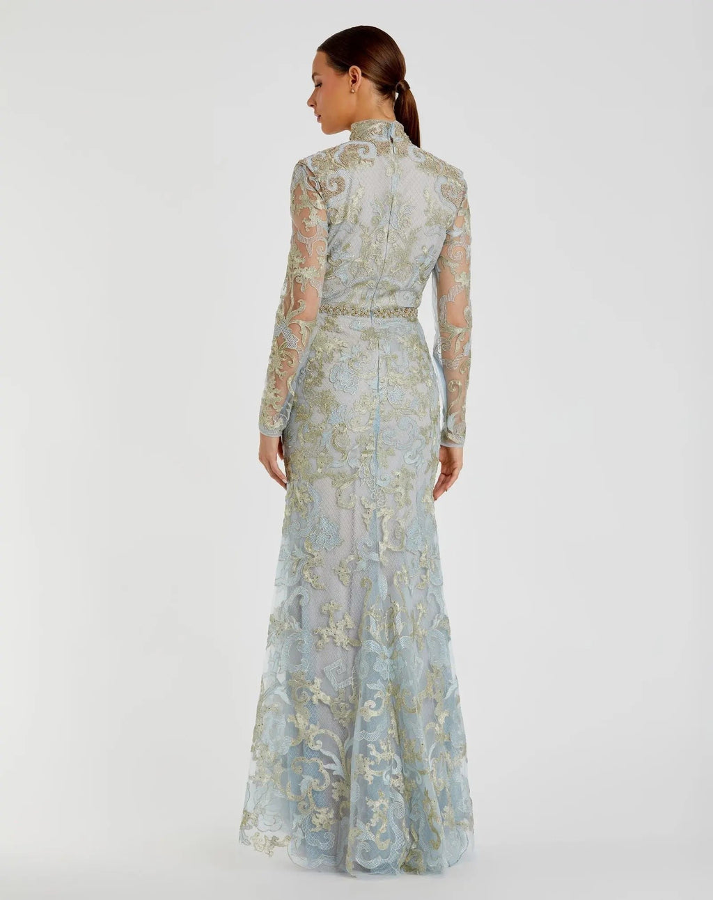 Powder Blue Queen Anne Lace Long Sleeve V-Neck Trumpet Gown