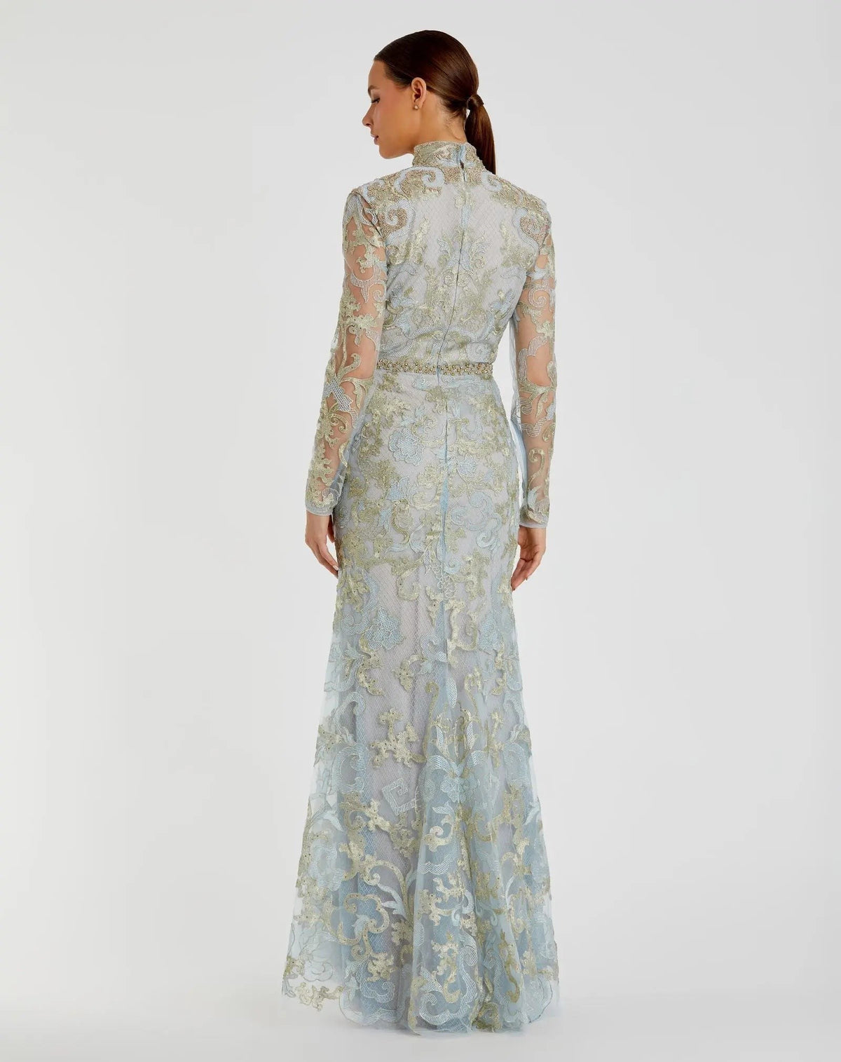 Powder Blue Queen Anne Lace Long Sleeve V-Neck Trumpet Gown