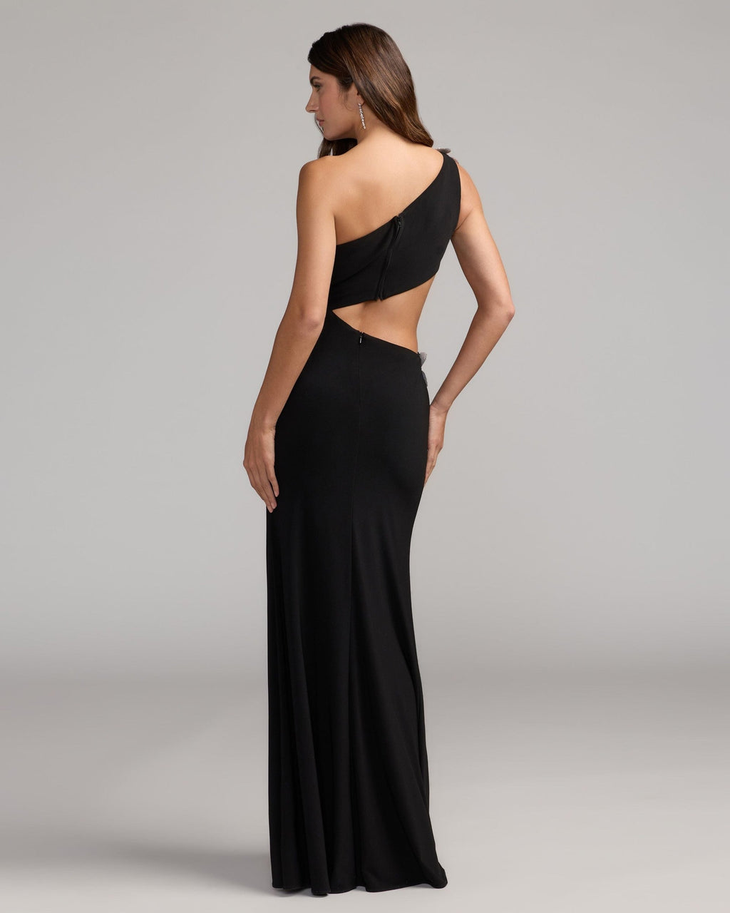 Black One Shoulder 3D Floral Jersey Gown