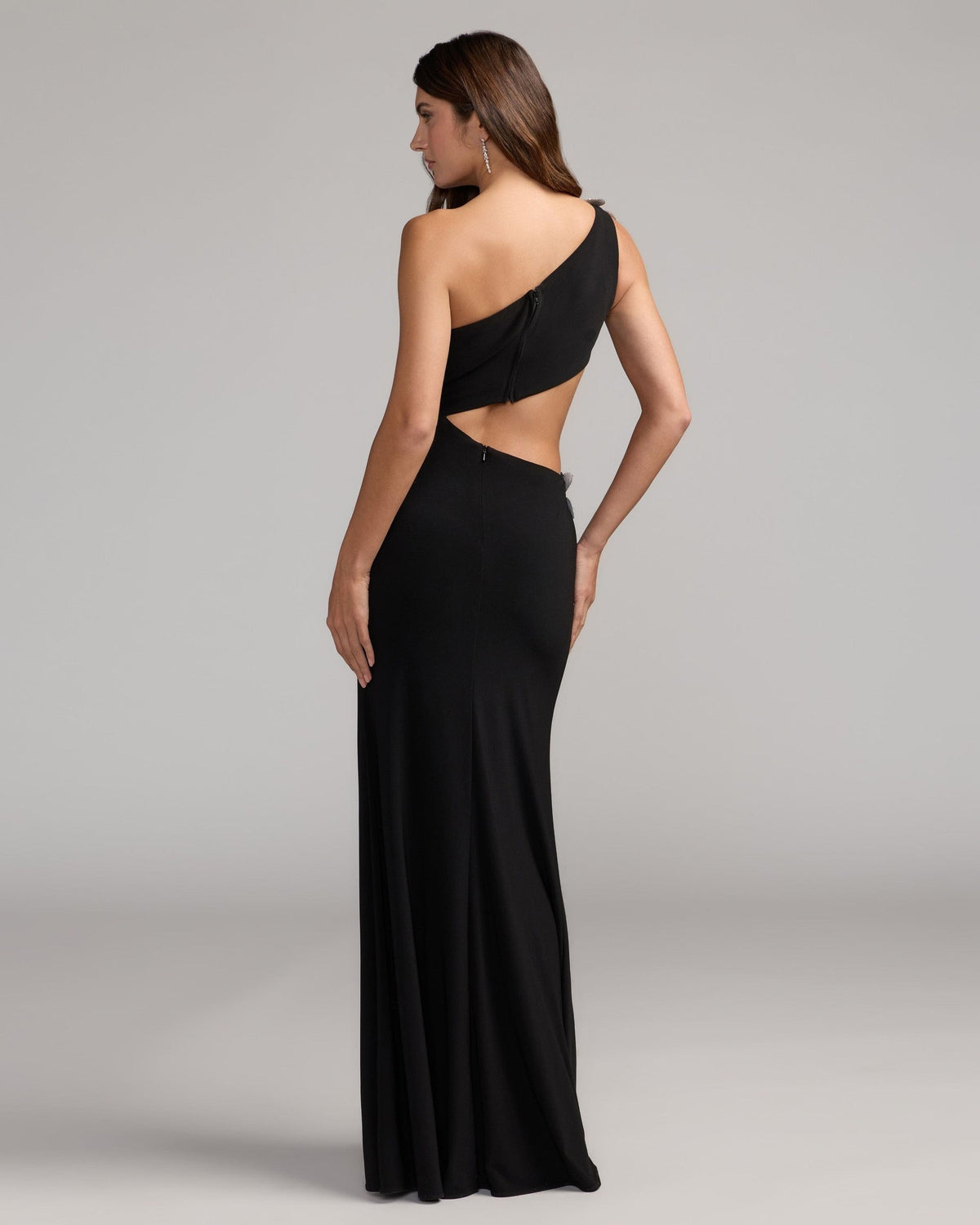 Black One Shoulder 3D Floral Jersey Gown
