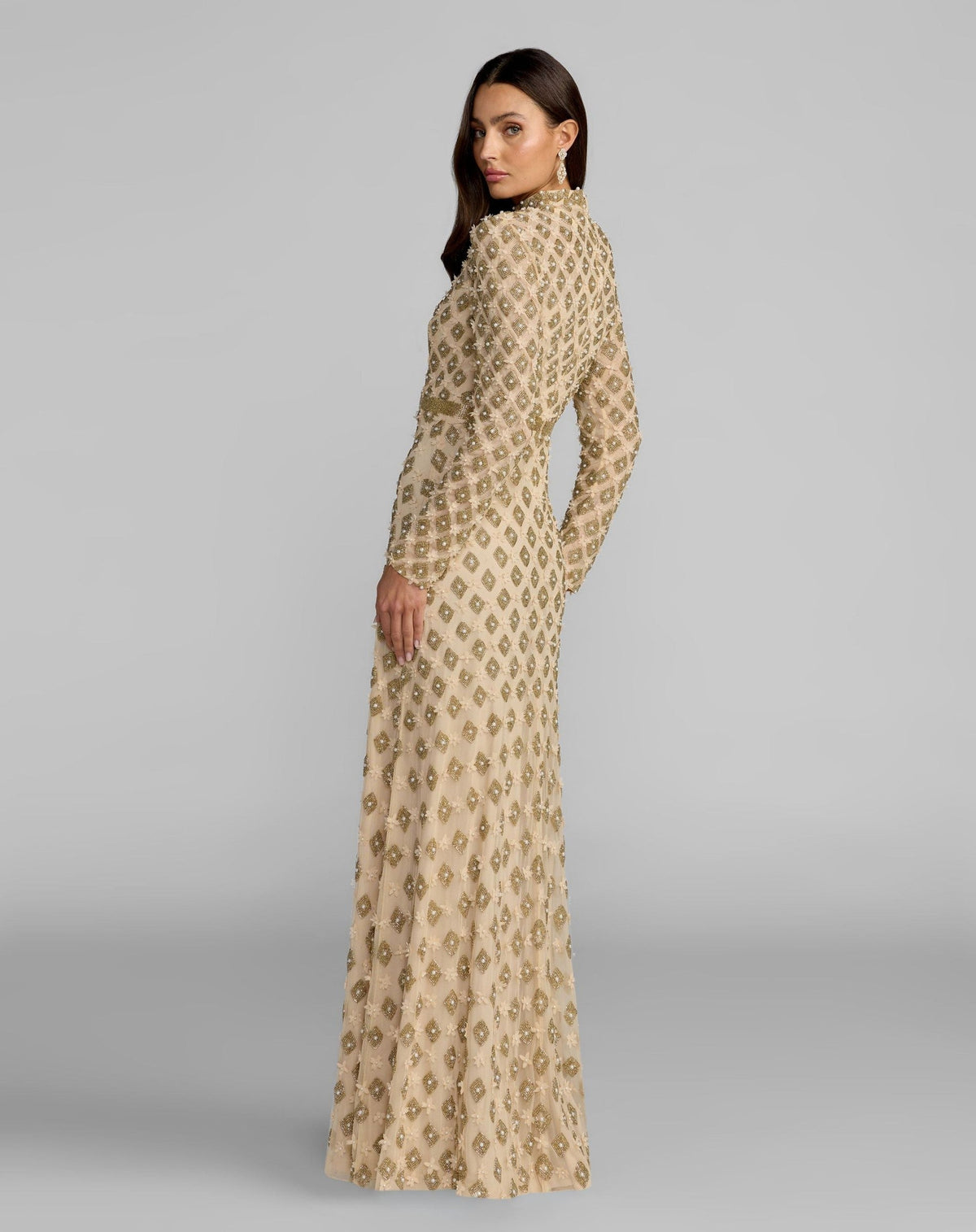 Gold Mock Neck Long Sleeve Embellished A-Line Gown