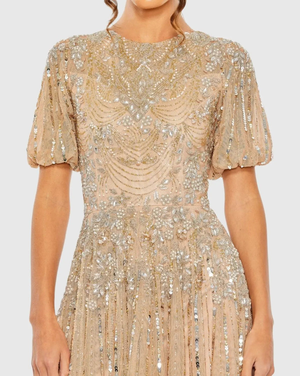 Beige High Neck Puff Sleeve Embellished A Line Gown