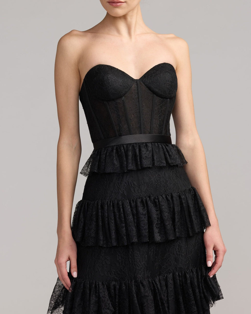 Black Strapless Tiered Lace Midi Dress