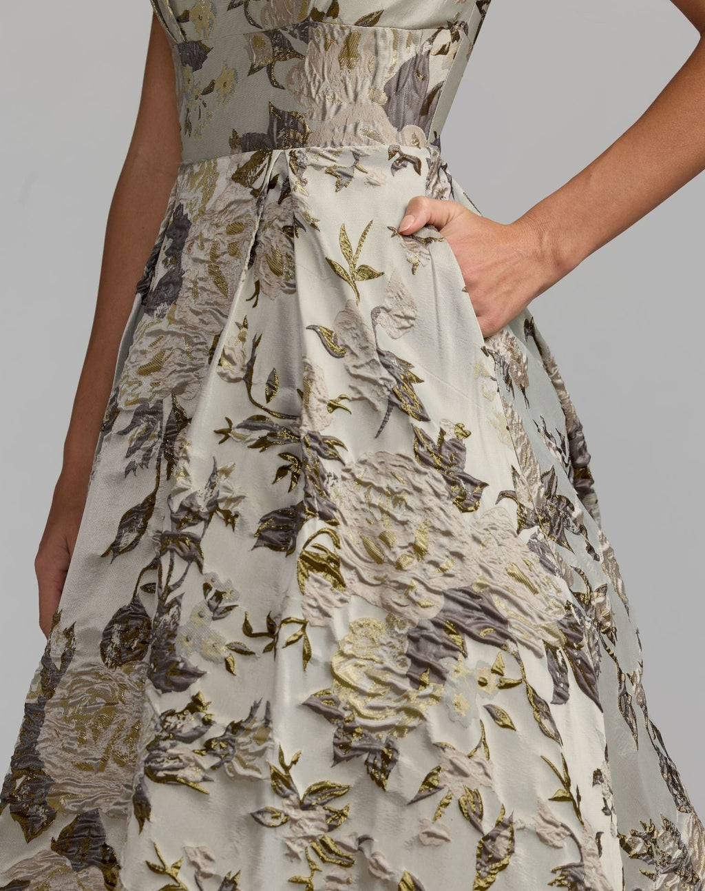 Silver Floral Brocade Cap Sleeve Ball Gown