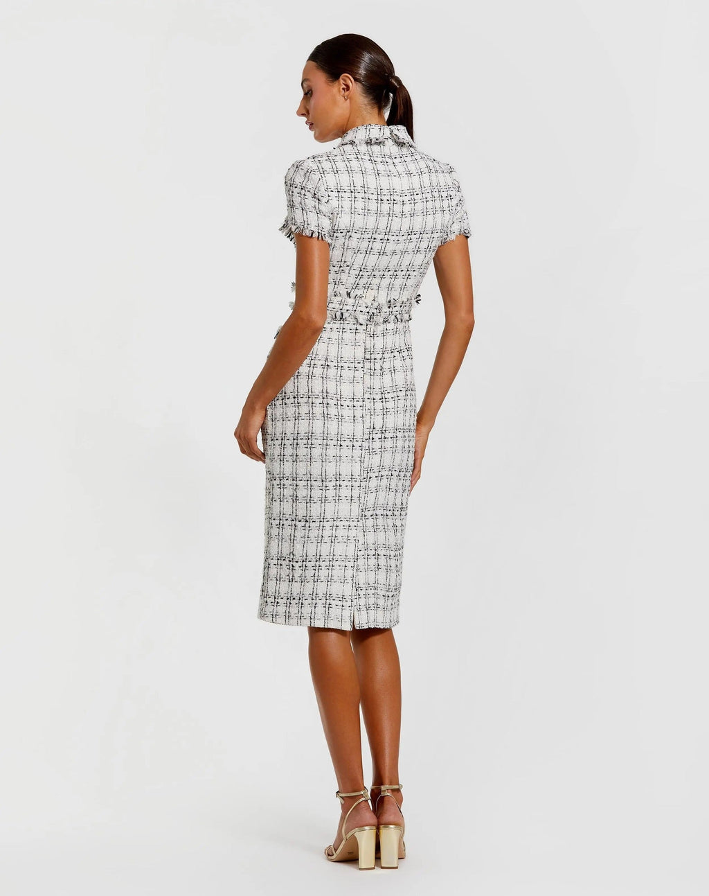 Ivory Fitted Boucle Short Sleeve Button Up Midi Dress