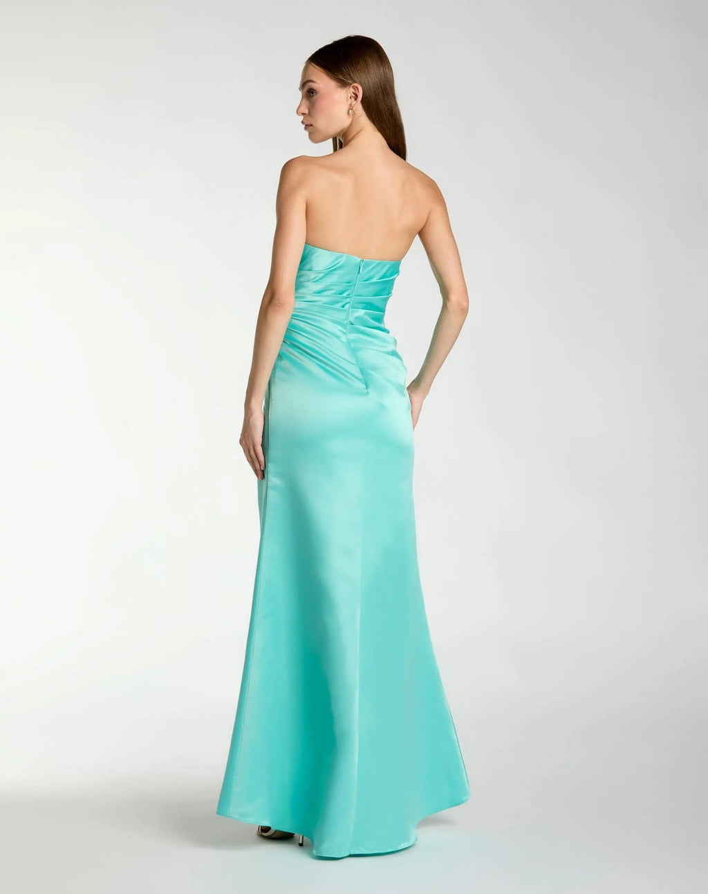 Turquoise Strapless Satin Gown With Slit