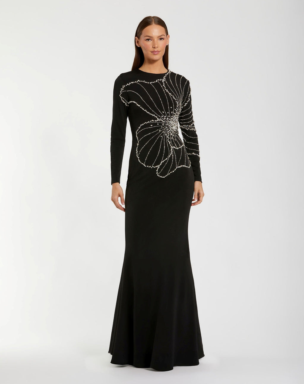 Black Long Sleeve Jersey Gown With Beaded Flower