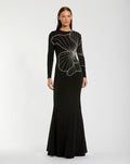 Black Long Sleeve Jersey Gown With Beaded Flower