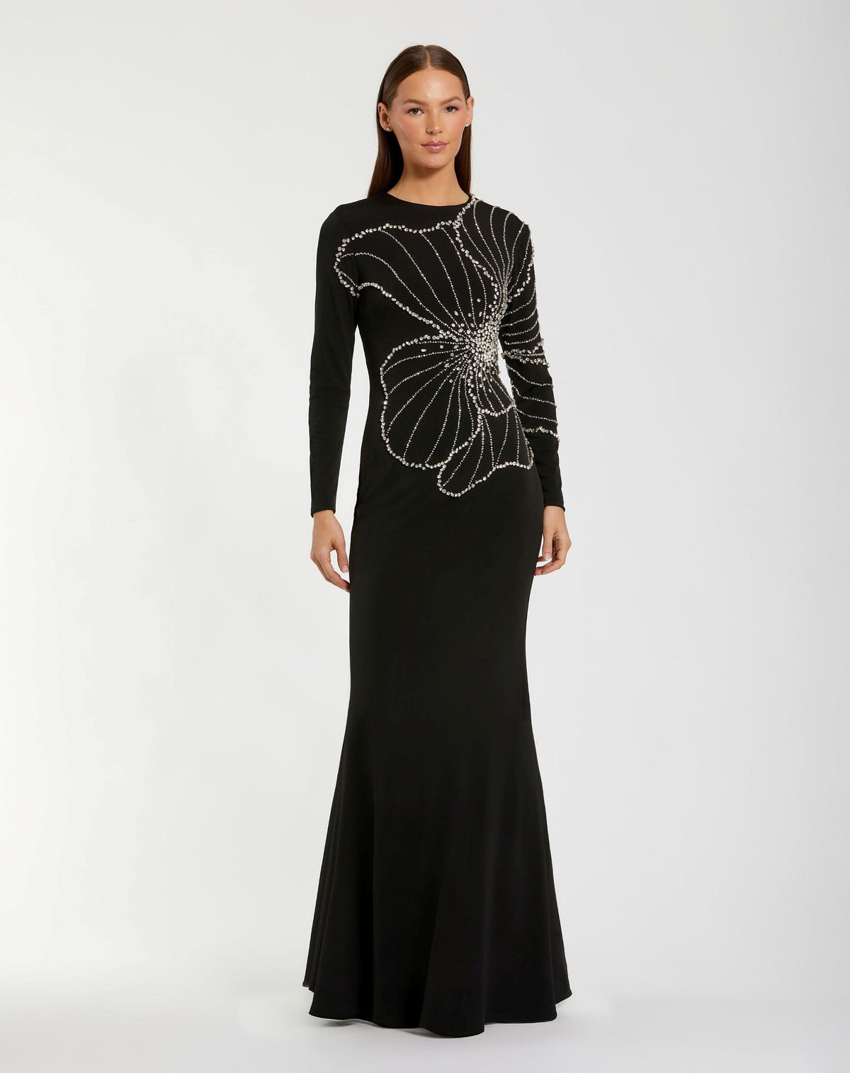 Black Long Sleeve Jersey Gown With Beaded Flower