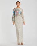 Beige High Neck Long Sleeve Sequin Evening Gown